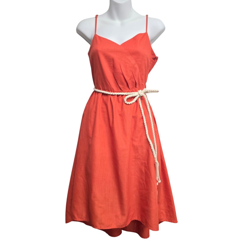 Covet Linen Blend Midi Wrap Dress Braided Rope Belt Womens Large Retro 70s Pleat